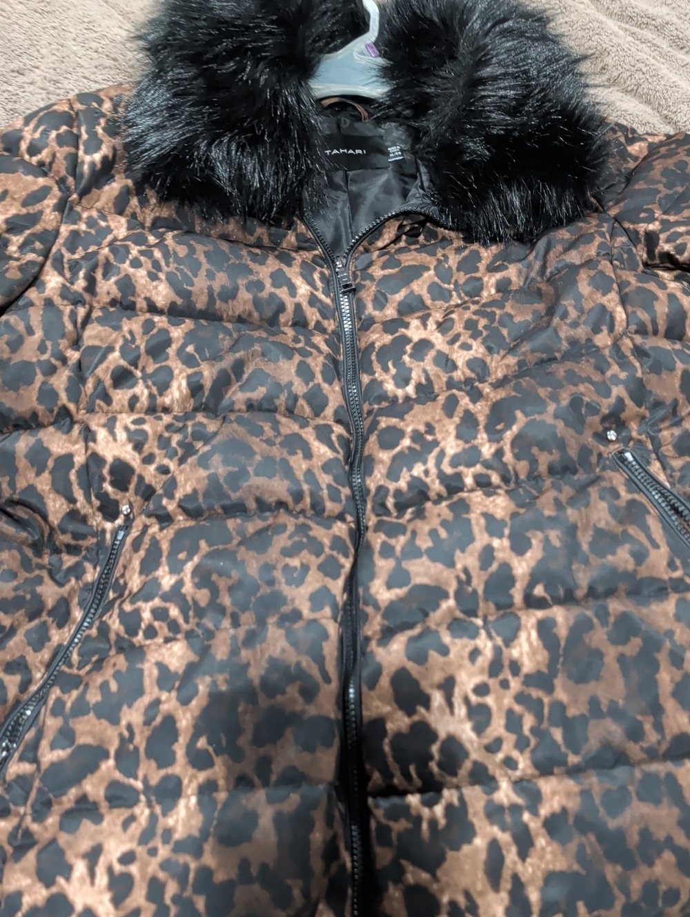 Tahari Black and Brown Leopard Print Puffer with Faux Fur Collar. Worn Once